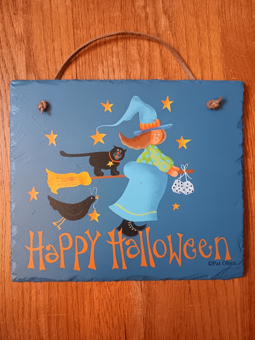 Vintage 90s Pat Olsen Hand-Painted Slate Happy Halloween Wall Decor Plaque Sign